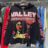 Valley Sport Dept Devil Character Graphic Zip‑Up Hoodie, Black Vintage Horror Oversized Streetwear Unisex Jacket
