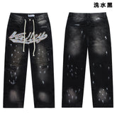 Valley Rhinestone Cursive‑Letter Baggy Jeans, Washed‑Black Distressed Unisex Streetwear Denim Pants