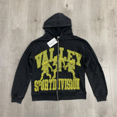 VALLEY Black Washed Valley Sport Division Football Graphic Zip‑Up Hoodie Unisex Oversized Jacket