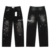 Valley Embroidered Paint‑Splatter Distressed Carpenter Baggy Jeans, Washed‑Black Unisex Wide‑Leg Denim Pants