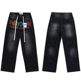 Valley Dreams Multicolor‑Letter Paint‑Splatter Baggy Jeans, Vintage Washed‑Black Unisex Wide‑Leg Denim Pants