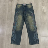 VALLEY Gradient Rhinestone Star Washed‑Blue Straight‑Leg Jeans, Y2K Hip‑Hop Unisex Denim Pants