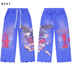 VALLEY Vintage Eagle‑Print Wide‑Leg Sweatpants, Bright Blue Washed Unisex Hip‑Hop Streetwear Trousers