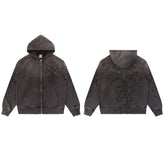 Valley Dreams Embossed Cross Zip‑Up Hoodie, Dark Grey Vintage Washed Distressed Streetwear Unisex Jacket