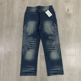 VALLEY White Dots Print Distressed Washed‑Blue Straight‑Leg Jeans, Y2K Streetwear Unisex Denim Pants