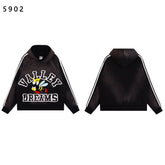 Valley Dreams Cartoon Bee Chenille Patch Pullover Hoodie, Black Vintage Distressed Striped‑Sleeve Streetwear Unisex Sweatshirt