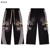 Valley Dreams Cartoon‑Bee White‑Stripe Wide‑Leg Sweatpants, Vintage Black Washed Streetwear Unisex Trousers