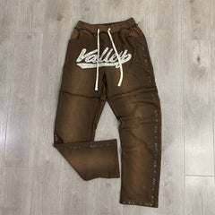 Valley Dreams Rhinestone Letter Flare Sweatpants, Vintage Brown Washed Streetwear Unisex Trousers