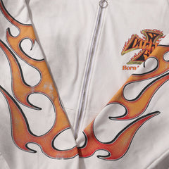 Valley Dreams Flame‑Sleeve Graphic Zip‑Up Hoodie, White Vintage Washed Oversized Streetwear Unisex Jacket