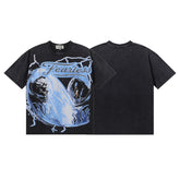 MAJESTIK Electric Lightning Fearless Graphic T-Shirt Unisex Acid Wash Black Y2K Cyber Graphic Oversized Streetwear Short Sleeve Top
