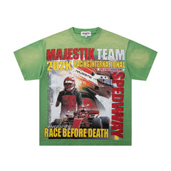 MAJESTIK F1 Racing Speedway Graphic T-Shirt Unisex Acid Wash Olive Green Y2K Motorsport Oversized Streetwear Short Sleeve Top