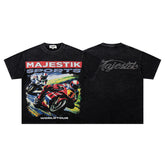 MAJESTIK Superbike Racing Graphic T-Shirt Unisex Acid Wash Black Y2K Biker Sports Dual-Sided Heavyweight Oversized Streetwear Short Sleeve Top