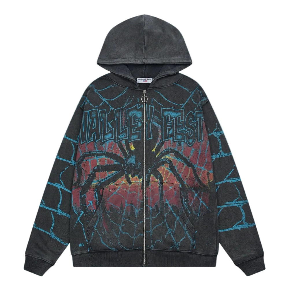 Valley Fest Spider Web Graphic Zip‑Up Hoodie, Unisex Black Vintage Streetwear Jacket