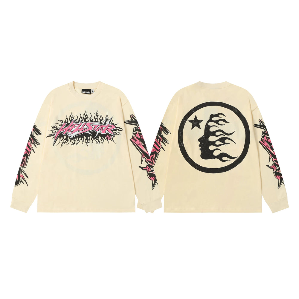 Hellstar Cream Flame Face Logo Long Sleeve Tee