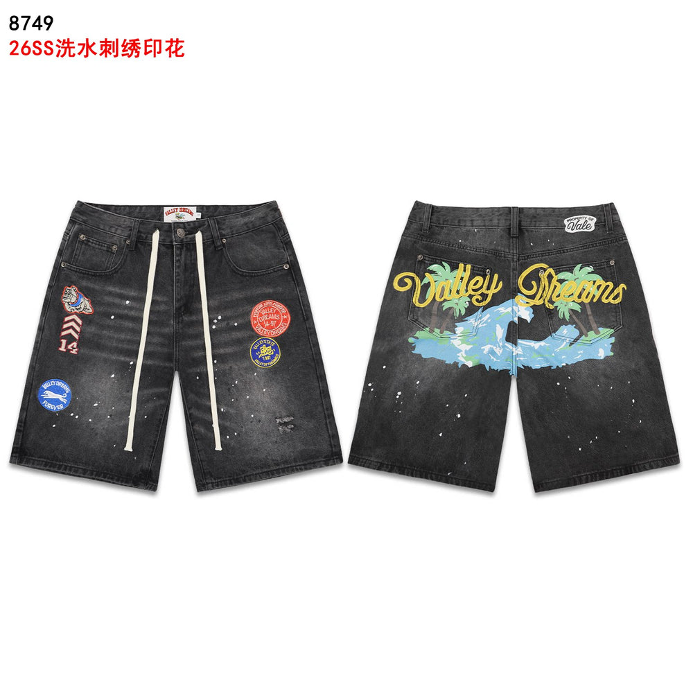 VALEFOREVER Black Washed Denim Shorts with Tropical Palm Tree Print