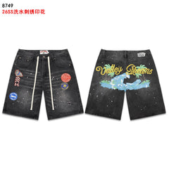 VALEFOREVER Black Washed Denim Shorts with Tropical Palm Tree Print