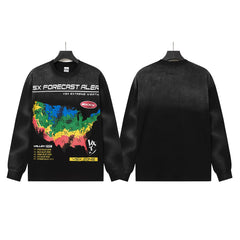 VALLEYDREAM Black US Map Retro Print Long Sleeve Tee
