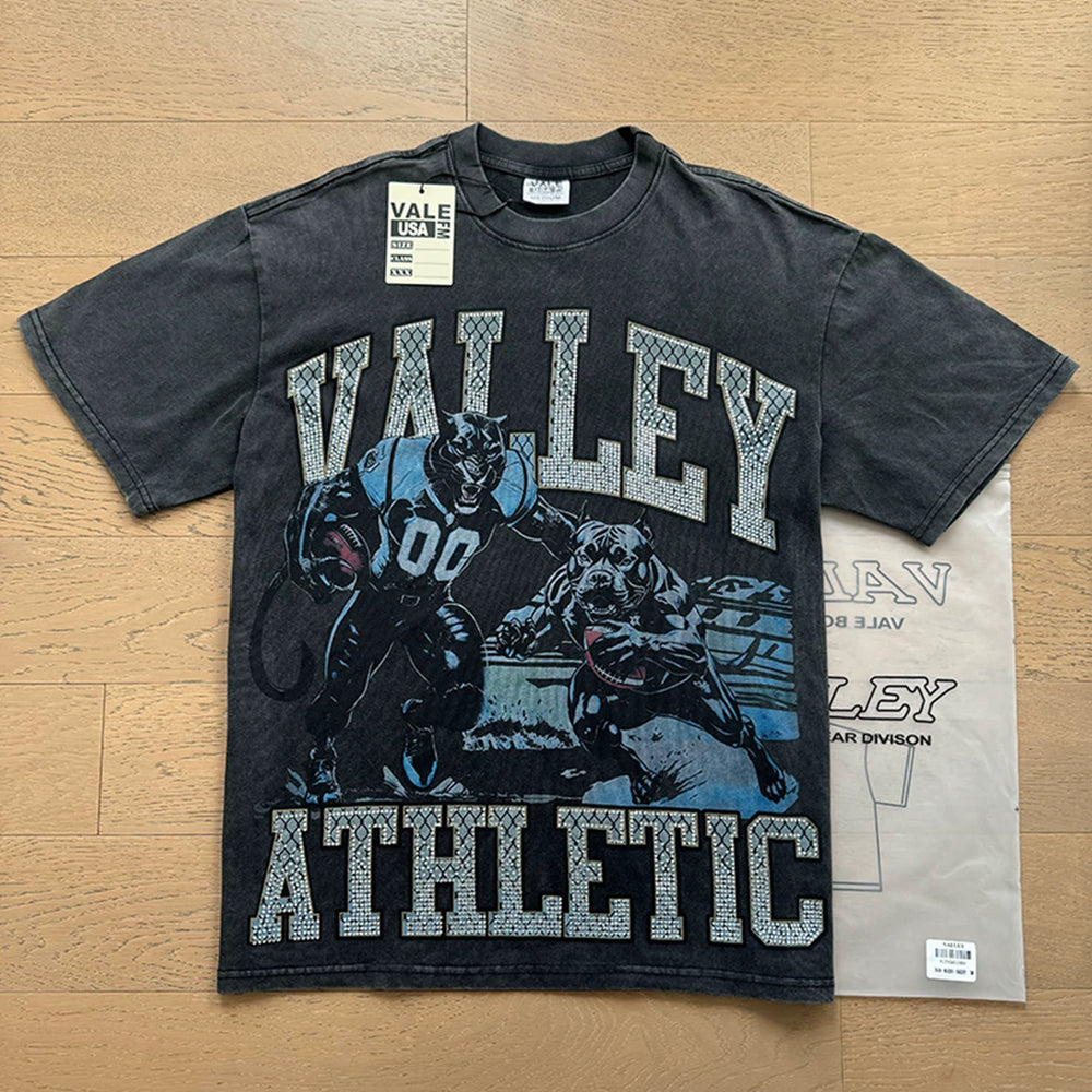 VALEFOREVER Black Washed Valley Athletic Football Vintage Graphic T-Shirt