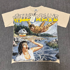 VALEFOREVER Cream Retro River Panic Movie Graphic Short Sleeve Tee