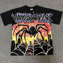 VALEFOREVER Black Giant Spider Retro Graphic Short Sleeve T-Shirt