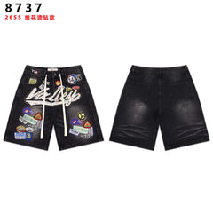 VALEFOREVER Black Denim Shorts with Multi Patch Logo & Rhinestone Print
