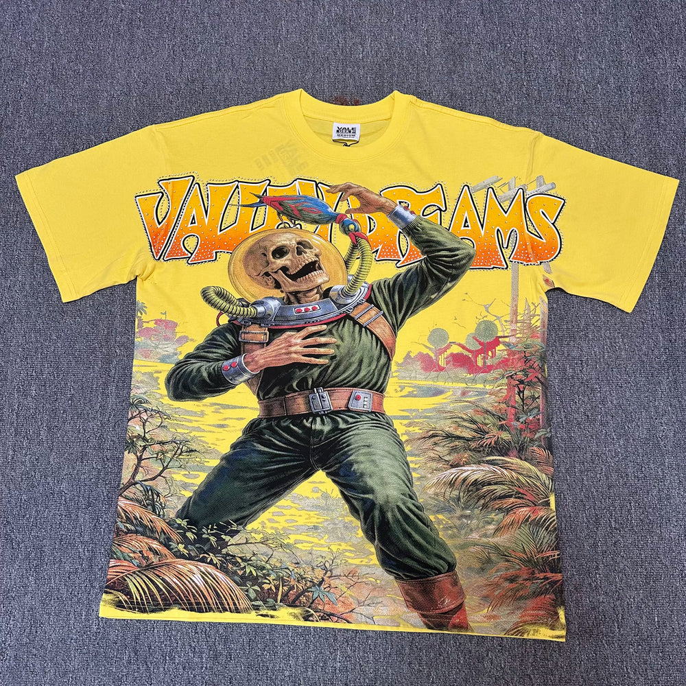 VALEFOREVER Yellow Skeleton Astronaut Vintage Graphic Short Sleeve T-Shirt
