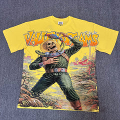 VALEFOREVER Yellow Skeleton Astronaut Vintage Graphic Short Sleeve T-Shirt