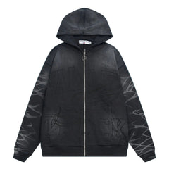 Valley Track Embossed Lightning‑Sleeve Zip‑Up Hoodie, Unisex Black Vintage Streetwear Jacket