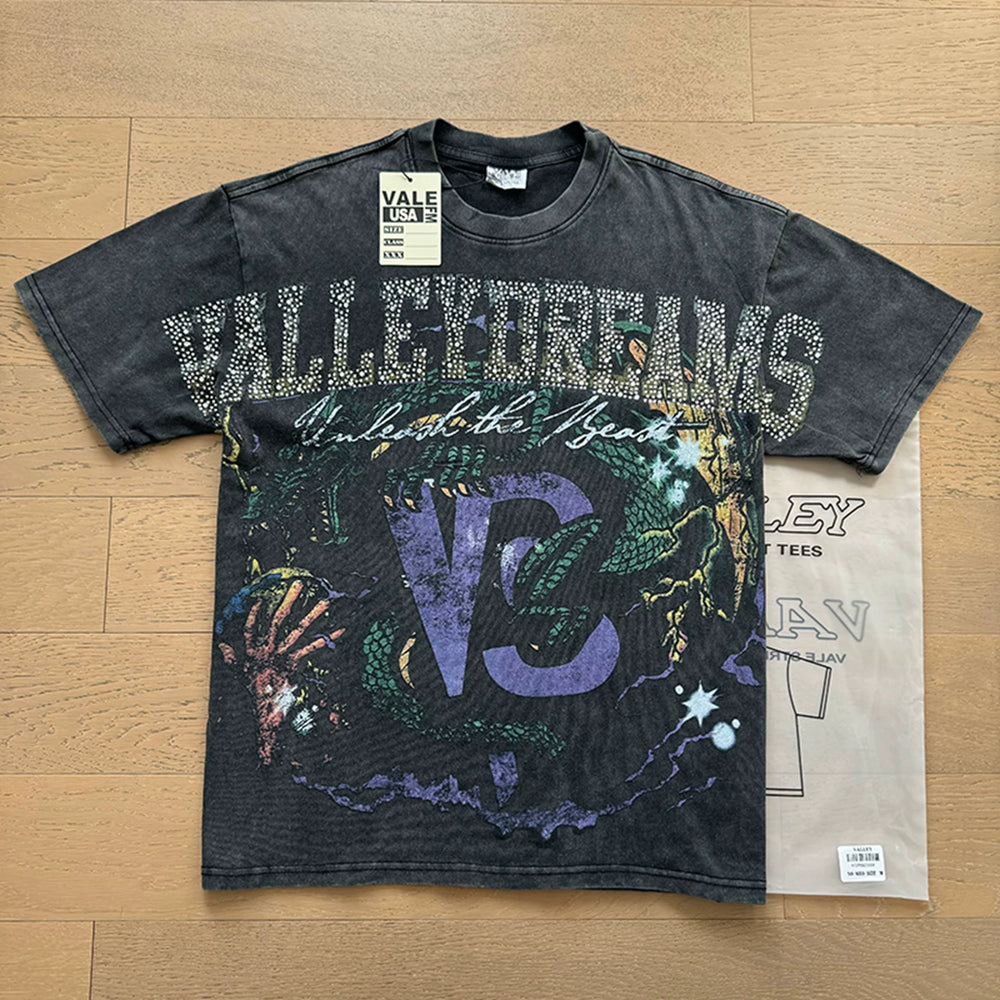 VALEFOREVER Black Washed Valley Dreams VS Logo Retro Art Graphic T-Shirt