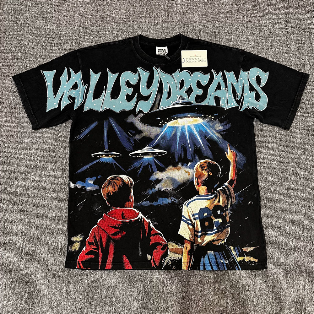 VALEFOREVER Black UFO Kids Retro Sci-Fi Graphic Short Sleeve T-Shirt