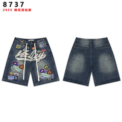 VALEFOREVER Vintage Blue Denim Shorts with Multi Patch Logo & Rhinestone Print