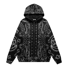 VALEFOREVER Black White Bandana Paisley Full Print Zip Hoodie