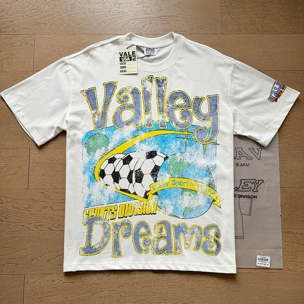 VALEFOREVER White Valley Dreams Soccer Sports Retro Graphic Short Sleeve T-Shirt