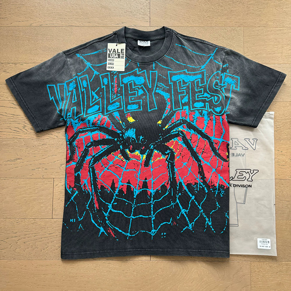 VALEFOREVER Black Washed Spider Valley Fest Retro Graphic T-Shirt