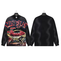 VALLEYDREAM Black Retro Eye Art Distressed Long Sleeve Graphic Tee