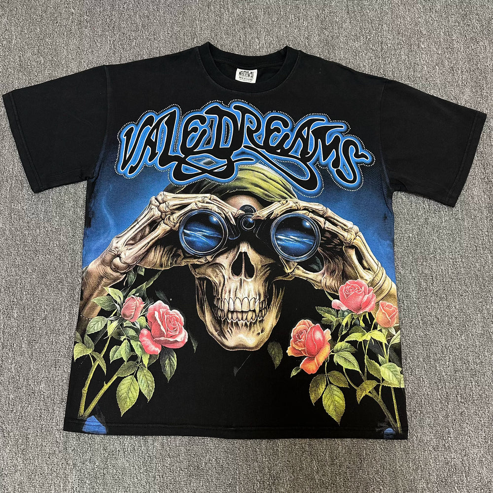 VALEFOREVER Black Skull Rose Binocular Vintage Graphic Short Sleeve T-Shirt