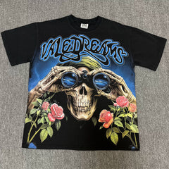 VALEFOREVER Black Skull Rose Binocular Vintage Graphic Short Sleeve T-Shirt