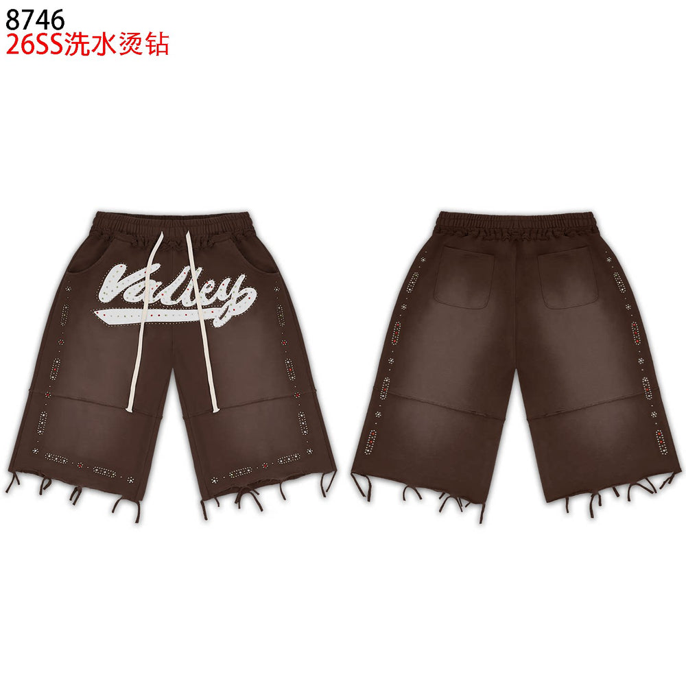 VALEFOREVER Brown Washed Rhinestone Shorts with Script Logo & Fringe Hem