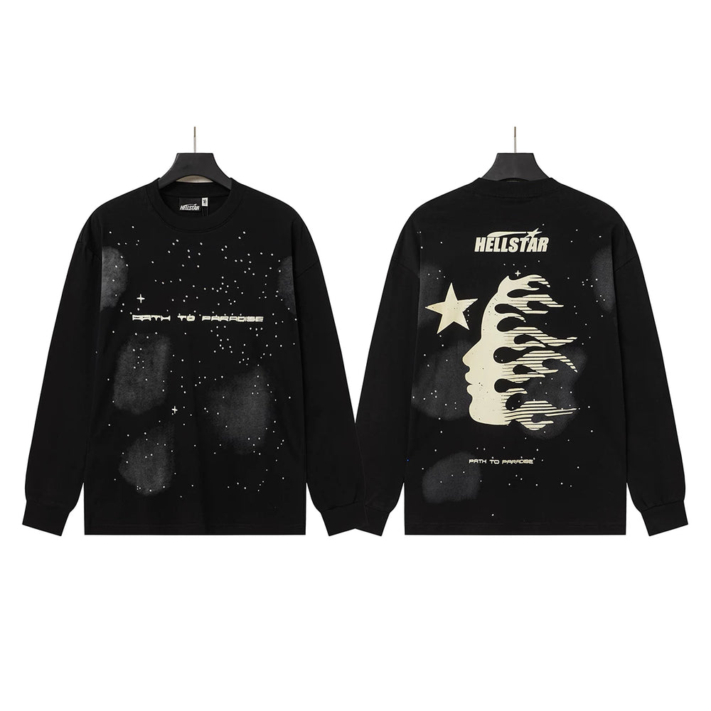 Hellstar Black Starry Sky Distressed Flame Long Sleeve Top