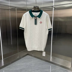Casablanca Contrast Dark Green Collar Knit Polo Shirt - Off-White