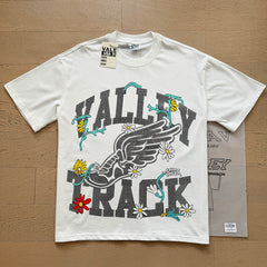 VALEFOREVER White Valley Track Wing Floral Vintage Graphic Short Sleeve T-Shirt