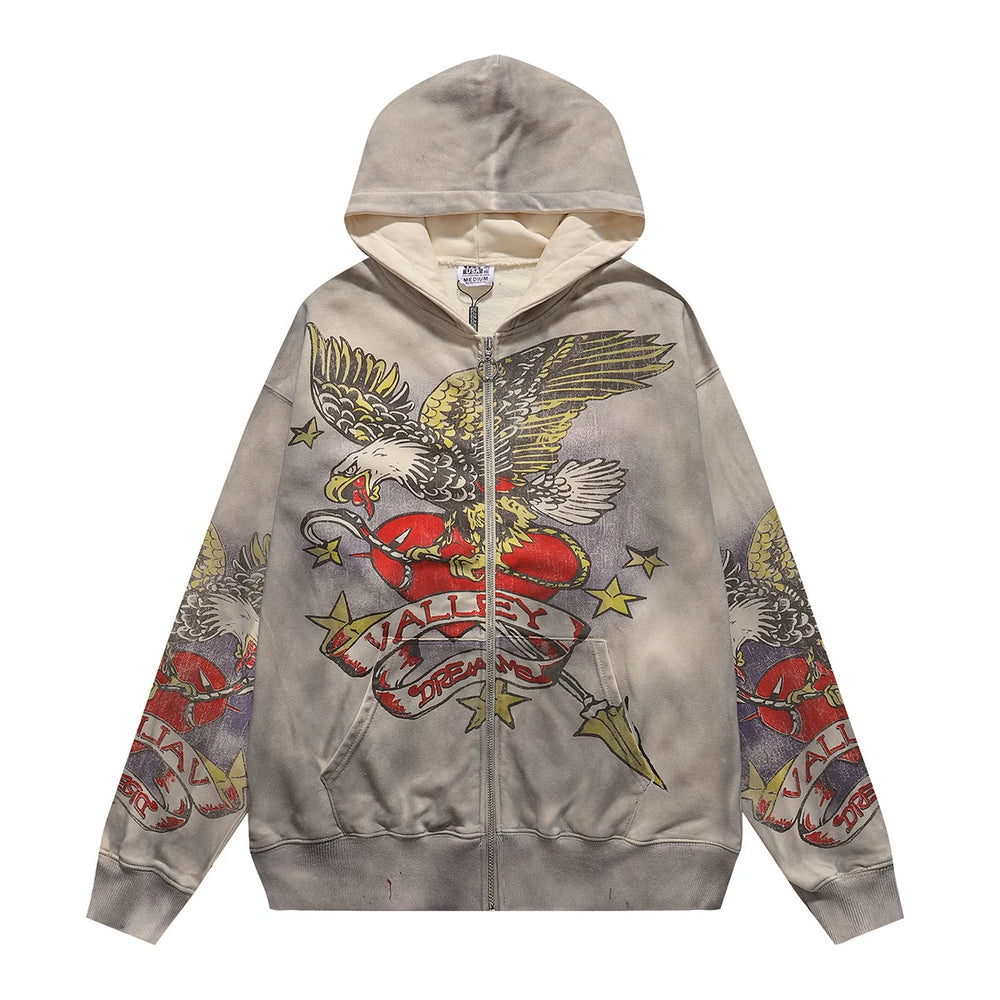 VALEFOREVER Washed Grey Eagle Graphic Zip Up Hoodie