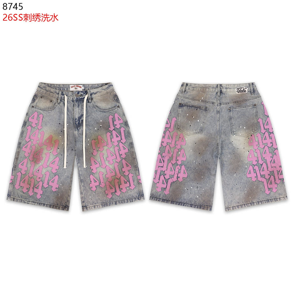 VALEFOREVER Vintage Washed Denim Shorts with Pink 41 Embroidery Print