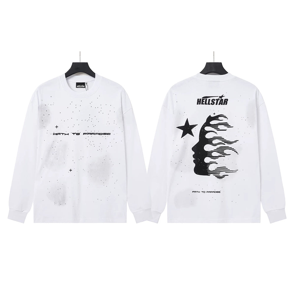 Hellstar White Starry Distressed Flame Portrait Long Sleeve Shirt