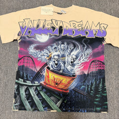 VALEFOREVER Cream Roller Coaster Skeleton Ghost Vintage Graphic Short Sleeve T-Shirt