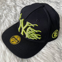 Hellstar Black Neon Green Rhinestone Letter Flat Brim Cap