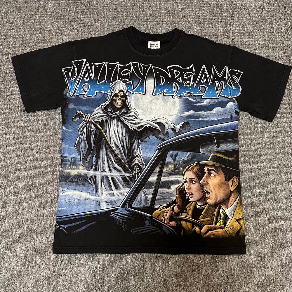 VALEFOREVER Black Grim Reaper Vintage Horror Graphic Short Sleeve T-Shirt