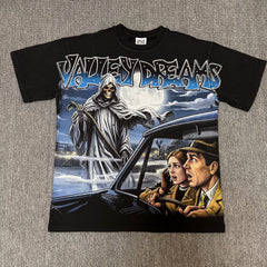 VALEFOREVER Black Grim Reaper Vintage Horror Graphic Short Sleeve T-Shirt