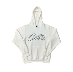 White Script Logo Hoodie – Oversized Streetwear Pullover Sweatshirt