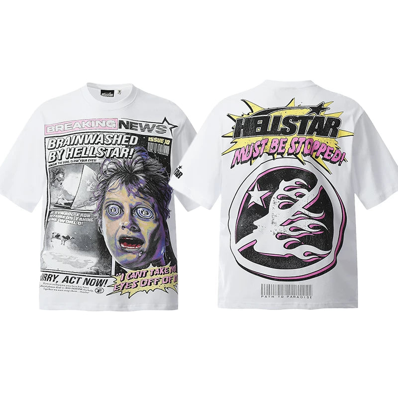 Hellstar White Newspaper Portrait Print Tee
